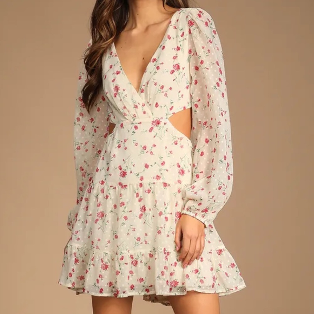 Long Sleeve Cream floral cut put dress